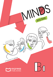 Cover of an English language teaching book from the 4Minds series by Express Publishing. The cover features four human faces, each with a stylized brain illustration inside their heads and the letter “d.” The book is labeled B1 level and is a student’s book.