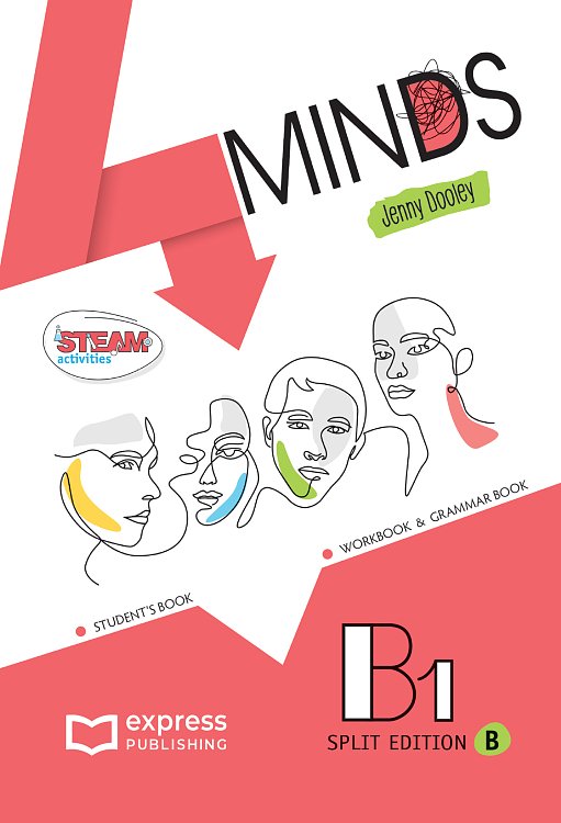 Cover of an English language teaching book from the 4Minds series by Express Publishing. The book is labeled B1 Split Edition B1 level and this is a student's book. The cover features four human faces, each with a stylized brain illustration inside their heads and the letter “d.”