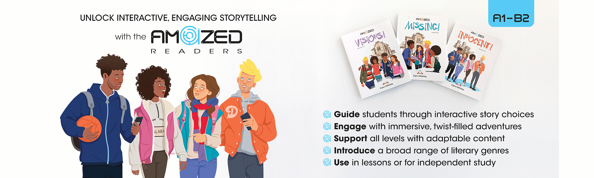 Promotional banner for Express DigiPlus featuring pixel-art graphics. The main headline reads "Learning Adapted to Your Needs!" in bold, stylized text. Below, benefits are listed: hyper-personalized AI-driven tasks and feedback, tailored challenges, targeted improvement, data-driven tracking, and grade correlation with major exam boards. A large purple button says "Get Started Today!" with pixel-style icons including a smiley face chat bubble and a pointing cursor.