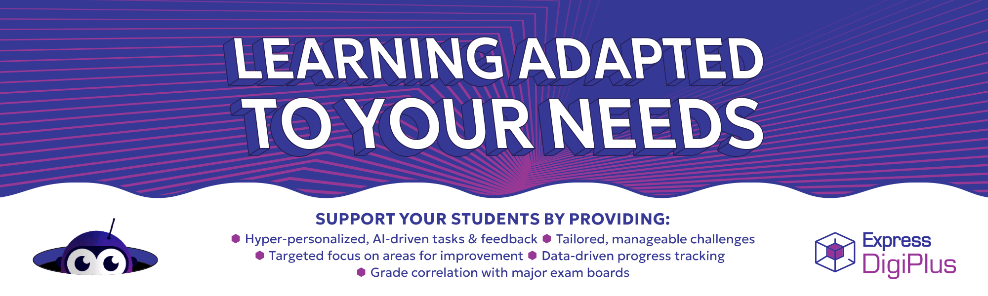 Promotional banner for Express DigiPlus featuring pixel-art graphics. The main headline reads "Learning Adapted to Your Needs!" in bold, stylized text. Below, benefits are listed: hyper-personalized AI-driven tasks and feedback, tailored challenges, targeted improvement, data-driven tracking, and grade correlation with major exam boards.